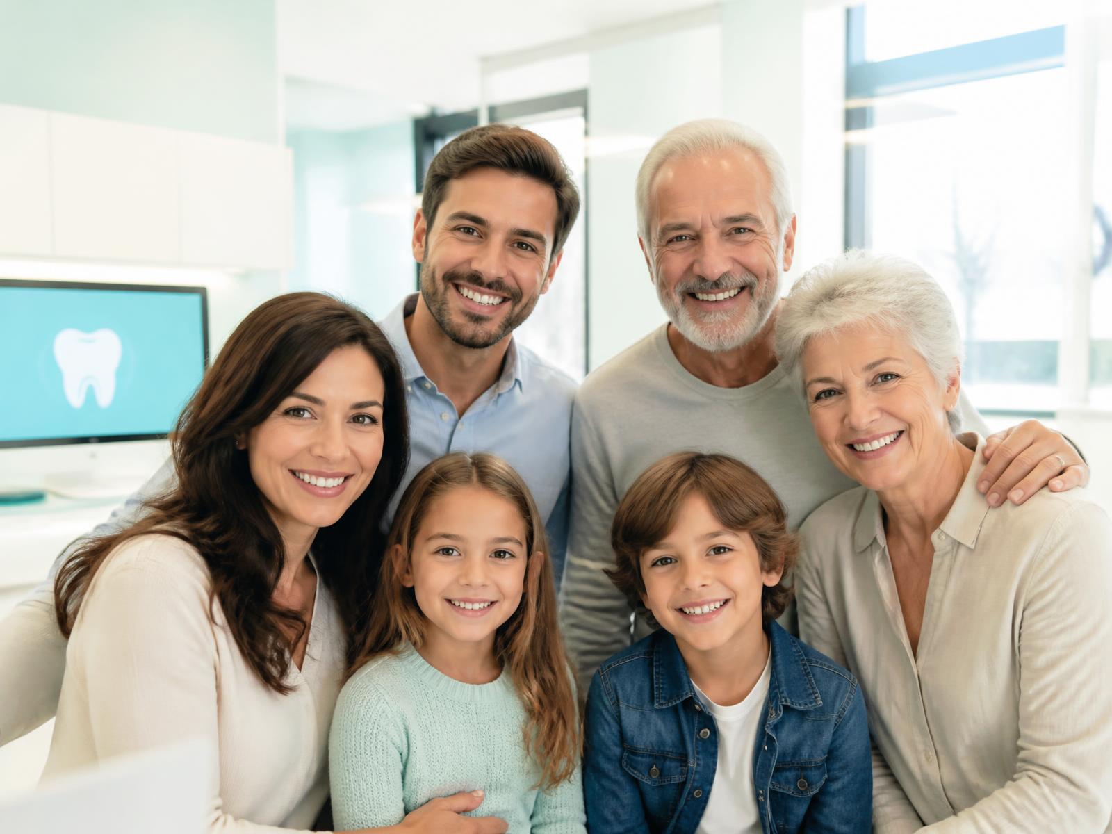 Multigenerational family smiling together in a bright dental office